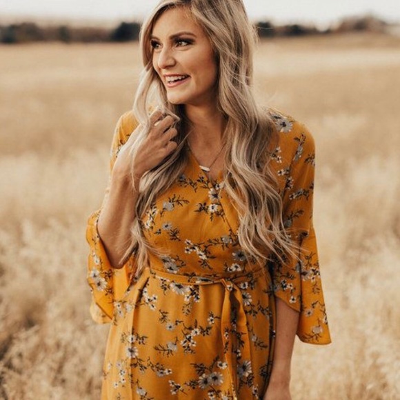 mustard floral midi dress